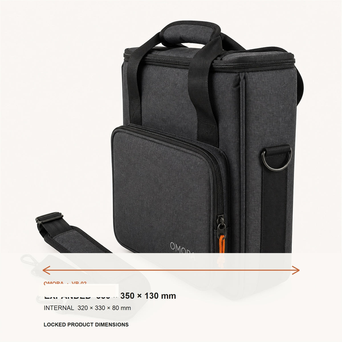 OMORA Compact Vinyl Carry Bag shown with its locked dimension information.