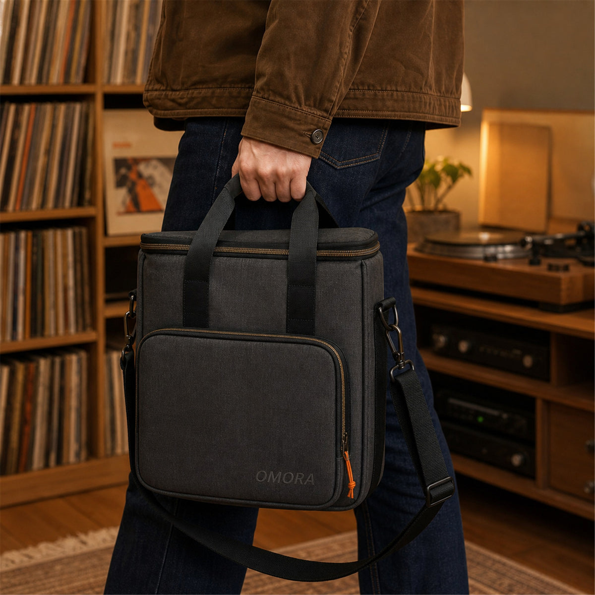 OMORA Compact Vinyl Carry Bag in a creative music setup.