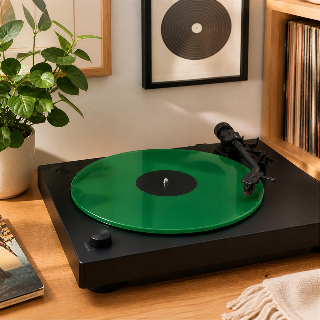 OMORA Glass Green Platter Mat in a warm music lifestyle setting.