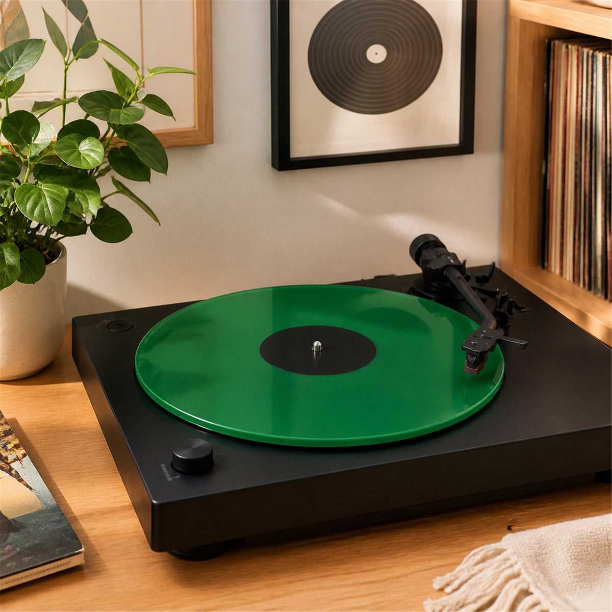 OMORA Glass Green Platter Mat in a warm music lifestyle setting.