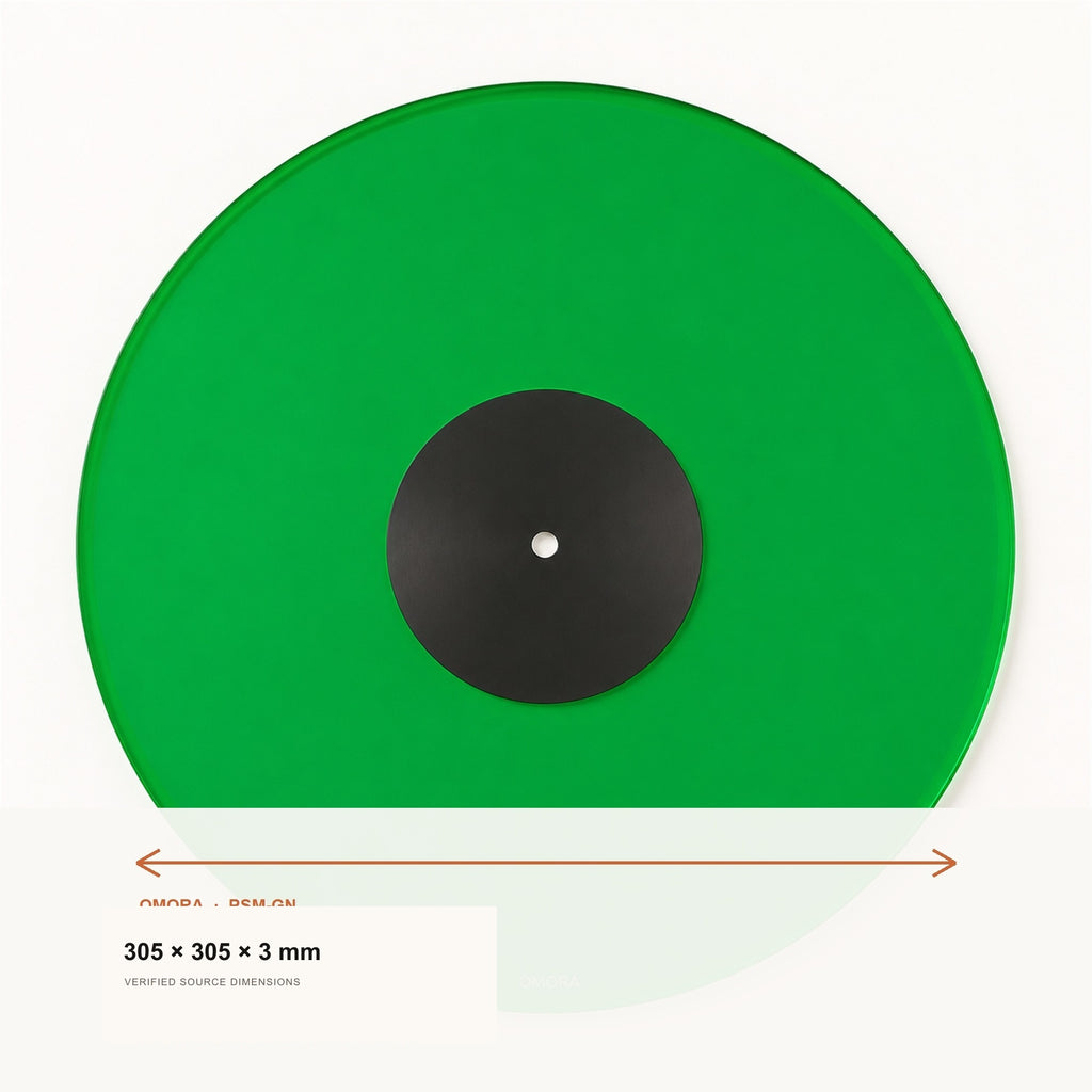 OMORA Glass Green Platter Mat shown with its locked dimension information.