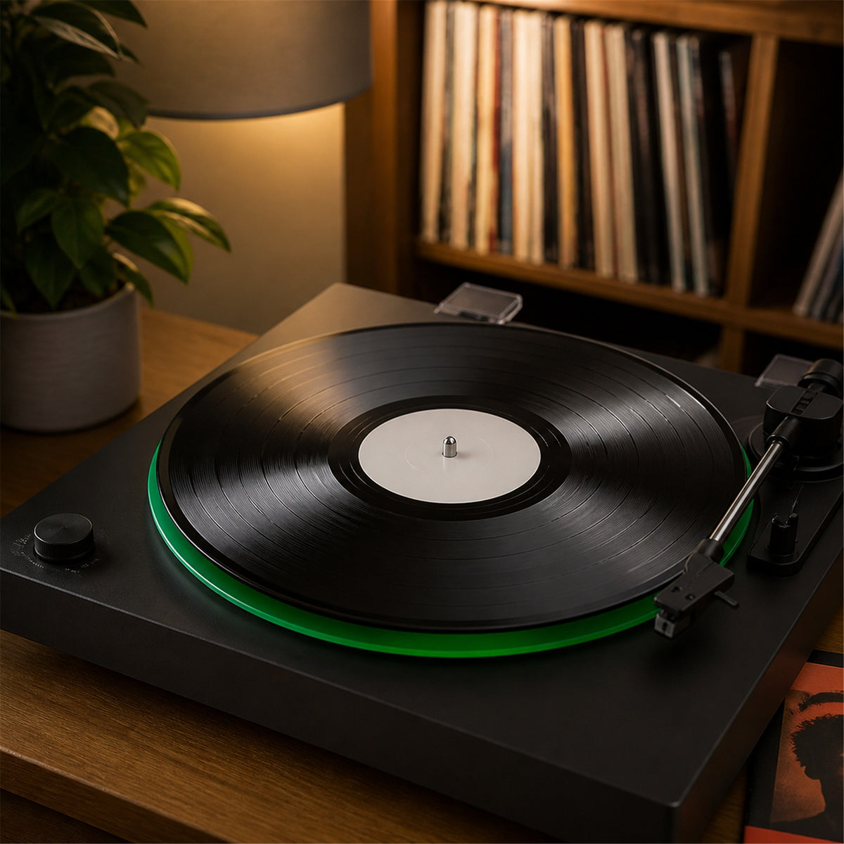 OMORA Glass Green Platter Mat in a creative music setup.