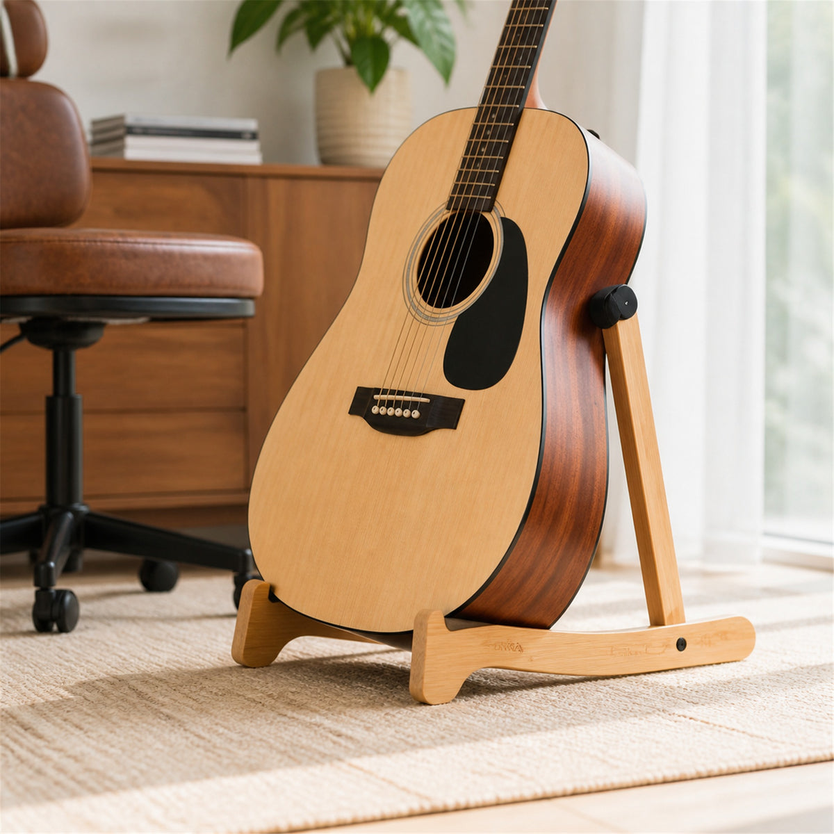 OMORA Foldaway Bamboo Stand in a warm music lifestyle setting.