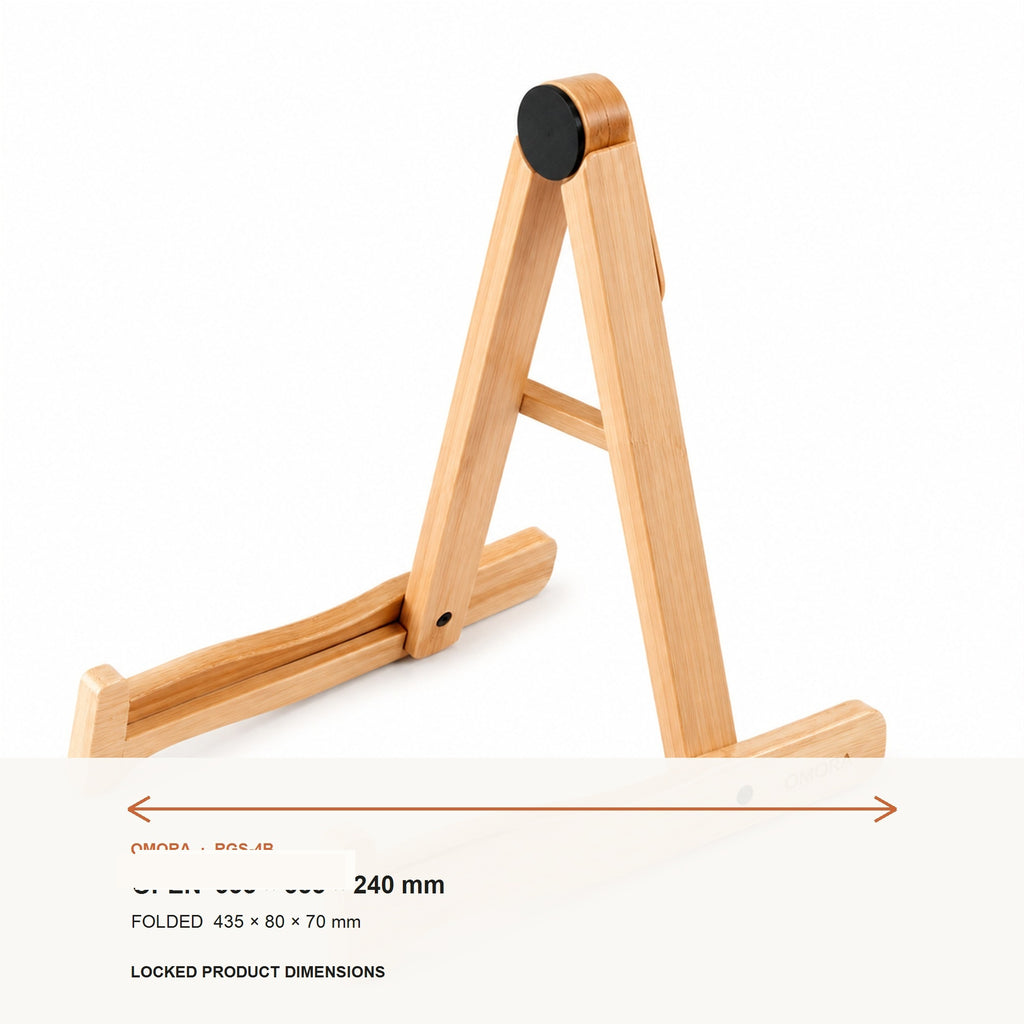 OMORA Foldaway Bamboo Stand shown with its locked dimension information.