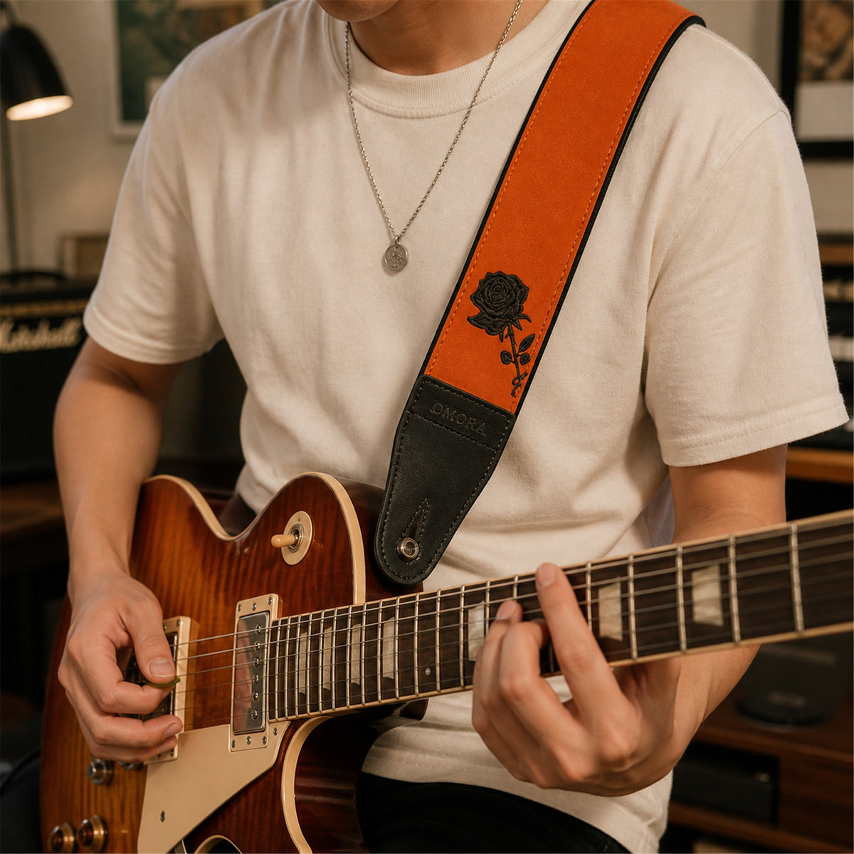 OMORA Rose Reversible Strap in a creative music setup.