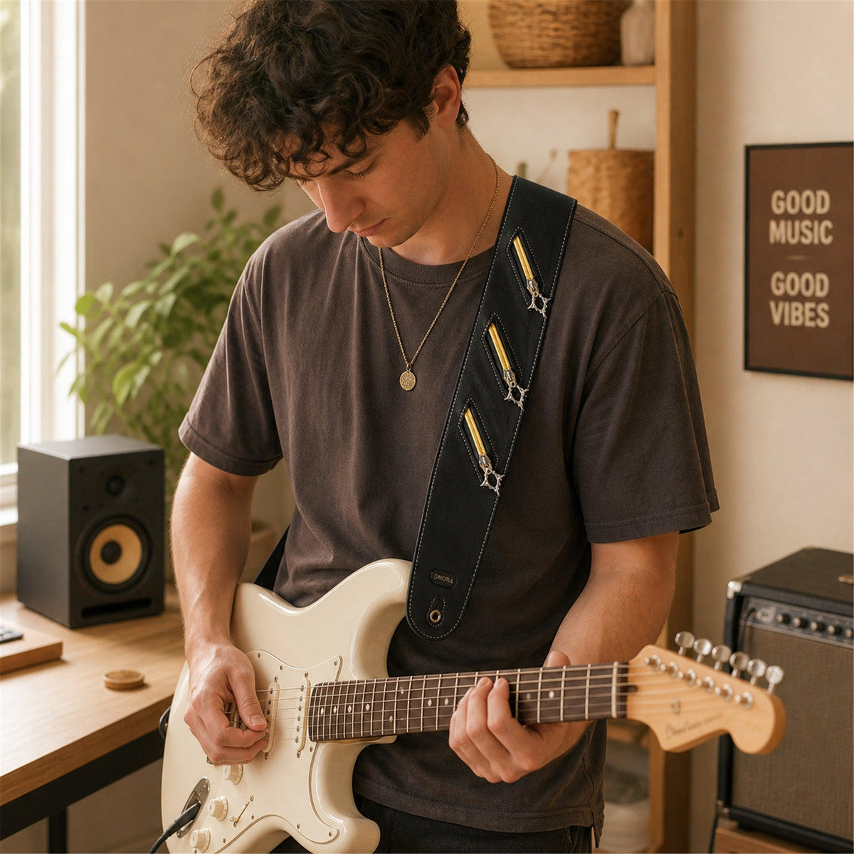 OMORA Zipline Strap in a warm music lifestyle setting.