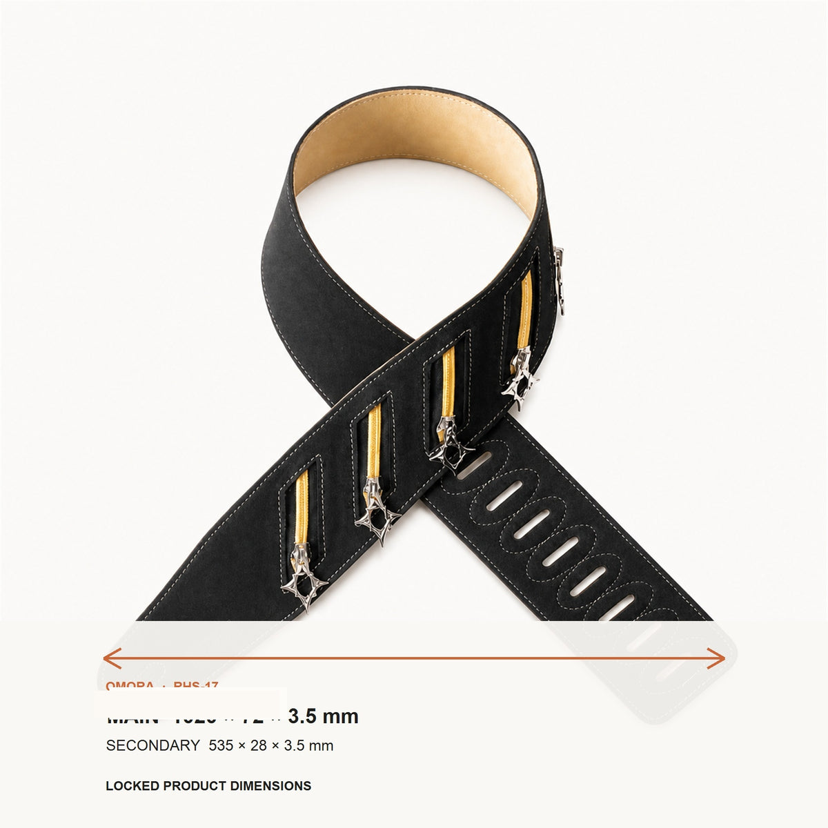 OMORA Zipline Strap shown with its locked dimension information.