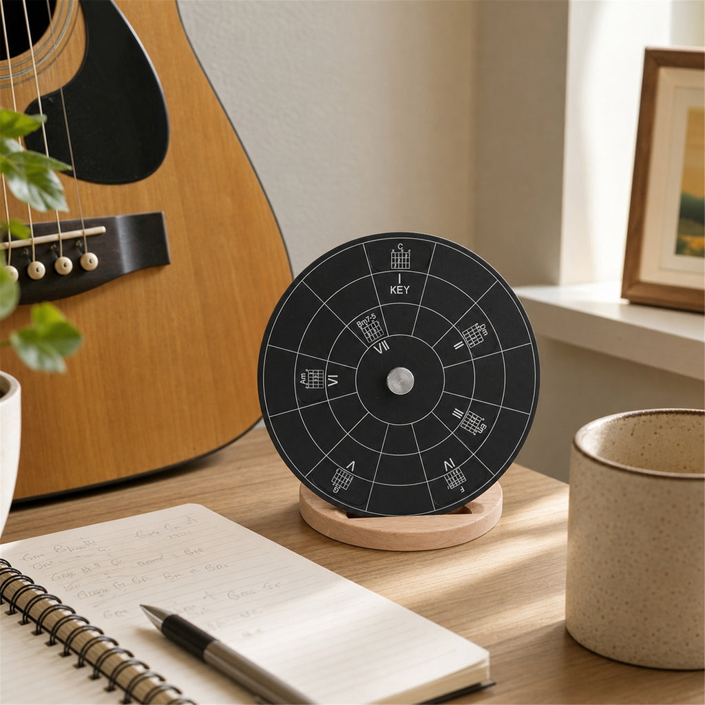 OMORA Chord Compass in a warm music lifestyle setting.
