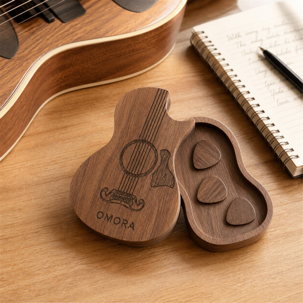 OMORA Pickcase Guitar Box in a warm music lifestyle setting.