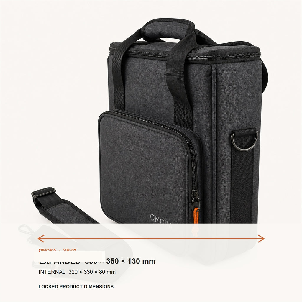 OMORA Compact Vinyl Carry Bag shown with its locked dimension information.