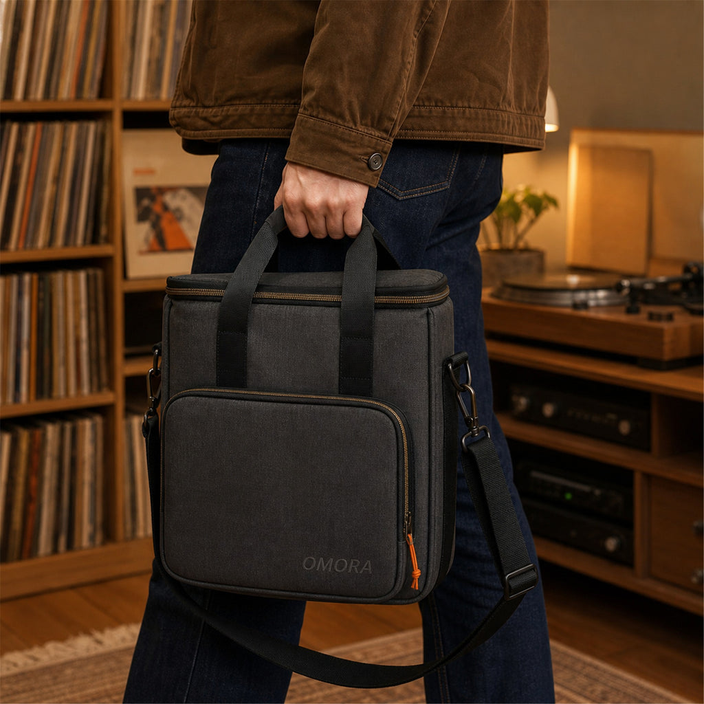 OMORA Compact Vinyl Carry Bag in a creative music setup.