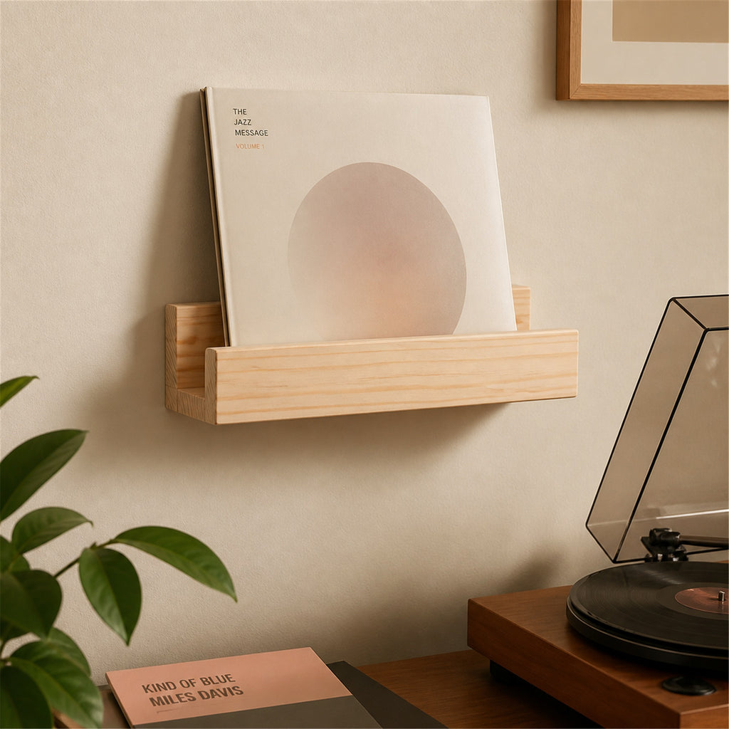 OMORA Vinyl Display Rail in a creative music setup.